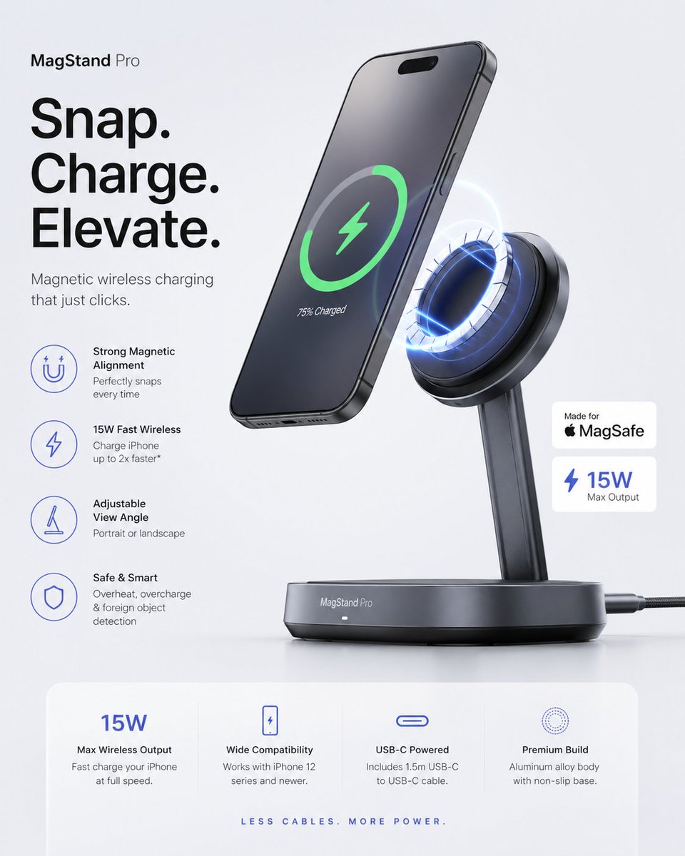 Minimalist Tech Accessory Advertisement Qwen Image 프롬프트 예시: A professional tech marketing prompt focused on minimalist Apple-style floating renders and clean typography.