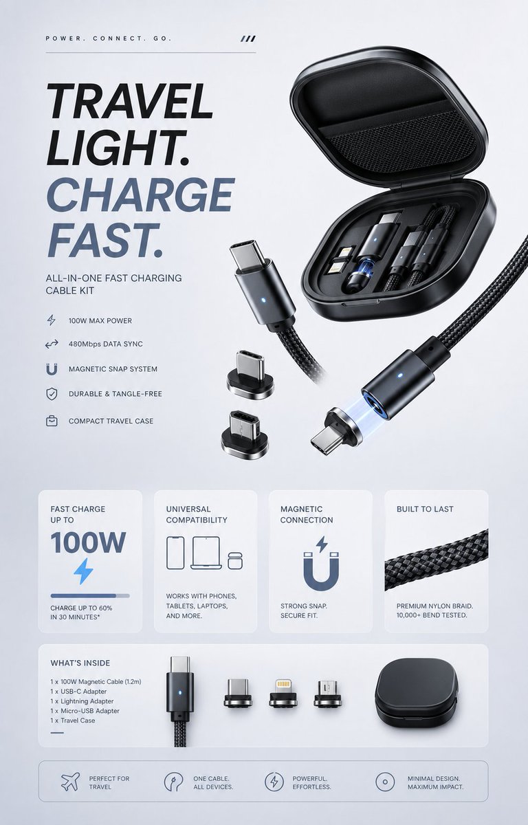 Minimalist Tech Accessory Advertisement Qwen Image 프롬프트 예시 변형 4: A professional tech marketing prompt focused on minimalist Apple-style floating renders and clean typography.