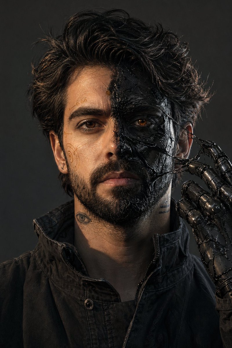 Surreal Resin-Split Portrait Qwen Image prompt example: An incredibly detailed and technical prompt for a split-face portrait featuring black resin textures, amber markings, and...