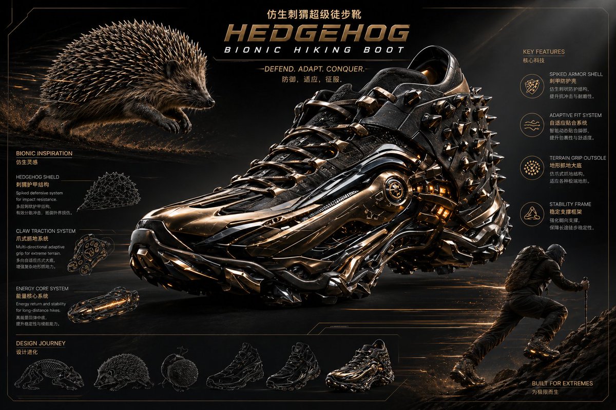 Futuristic Bionic Hiking Boot Prompt 的 Qwen Image 提示词示例图:A prompt for a high-detail bionic hiking boot inspired by hedgehogs, featuring armored textures, carbon fiber plates, and...