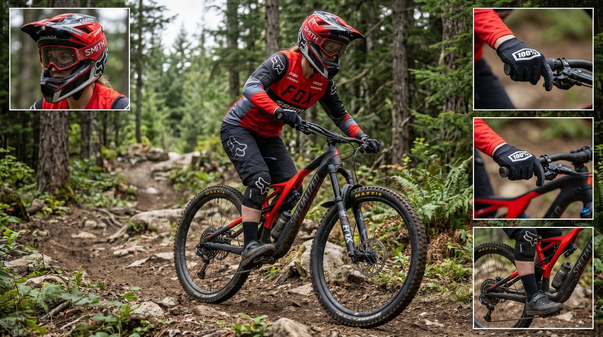 Mountain Biker Action Shots Prompt Qwen Image prompt example: A multi-image prompt set for generating dynamic mountain biking action scenes and detailed gear shots with cinematic...