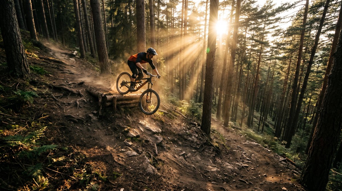 Mountain Biker Action Shots Prompt Qwen Image prompt example variation 2: A multi-image prompt set for generating dynamic mountain biking action scenes and detailed gear shots...