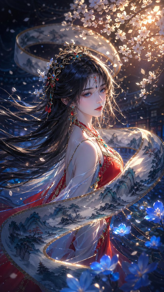 Oriental Fantasy Illustration Prompt Qwen Image 프롬프트 예시: A detailed prompt for creating ethereal Oriental fantasy illustrations featuring a character in traditional attire...