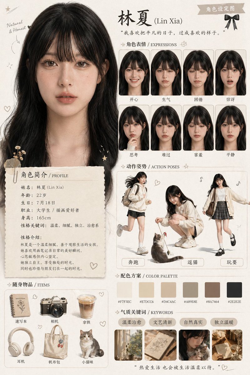Character Asset Design Card 的 GPT Image 2 提示词示例图：A prompt to generate a character design poster featuring portraits, expressions, poses, and personality traits based on an...