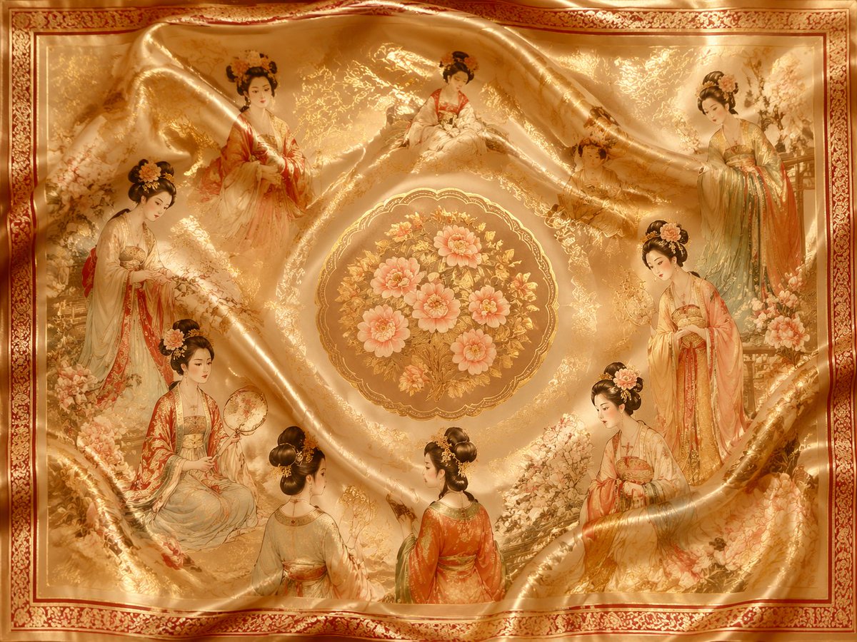 Chinese Traditional Luxury Product Design Qwen Image prompt example: Two prompts for high-end product design: a Tang Dynasty inspired silk shawl and a Song Dynasty style Ru-ware...