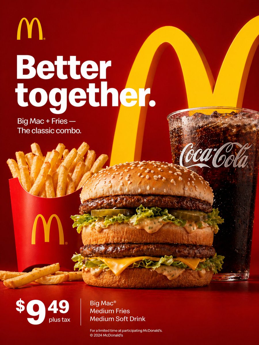 McDonald's Advertisement Prompt のQwen Imageプロンプト例: A prompt for creating a high-quality McDonald’s advertisement with realistic food imagery and brand-consistent design.