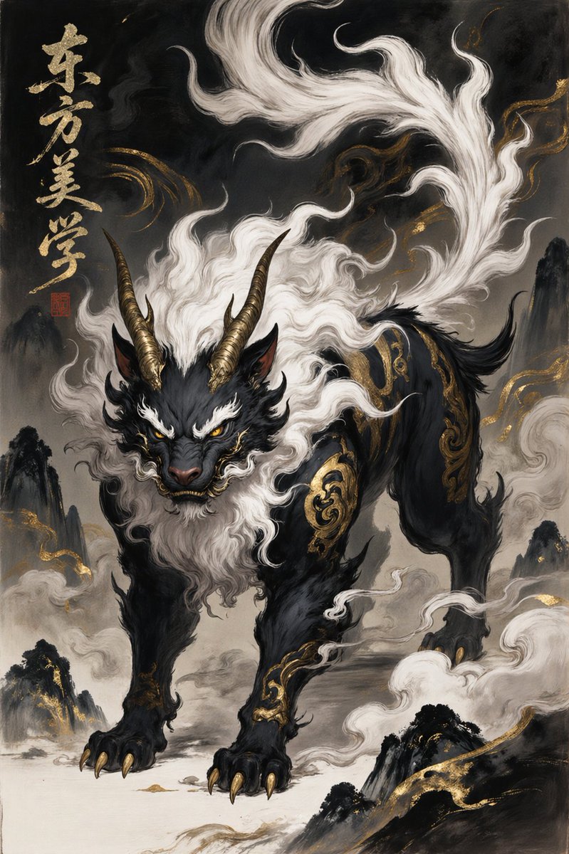 Oriental Mythical Beast Suanni Poster のQwen Imageプロンプト例: A high-end cinematic poster prompt for generating the mythical creature Suanni in a Chinese ink-wash style with gold...