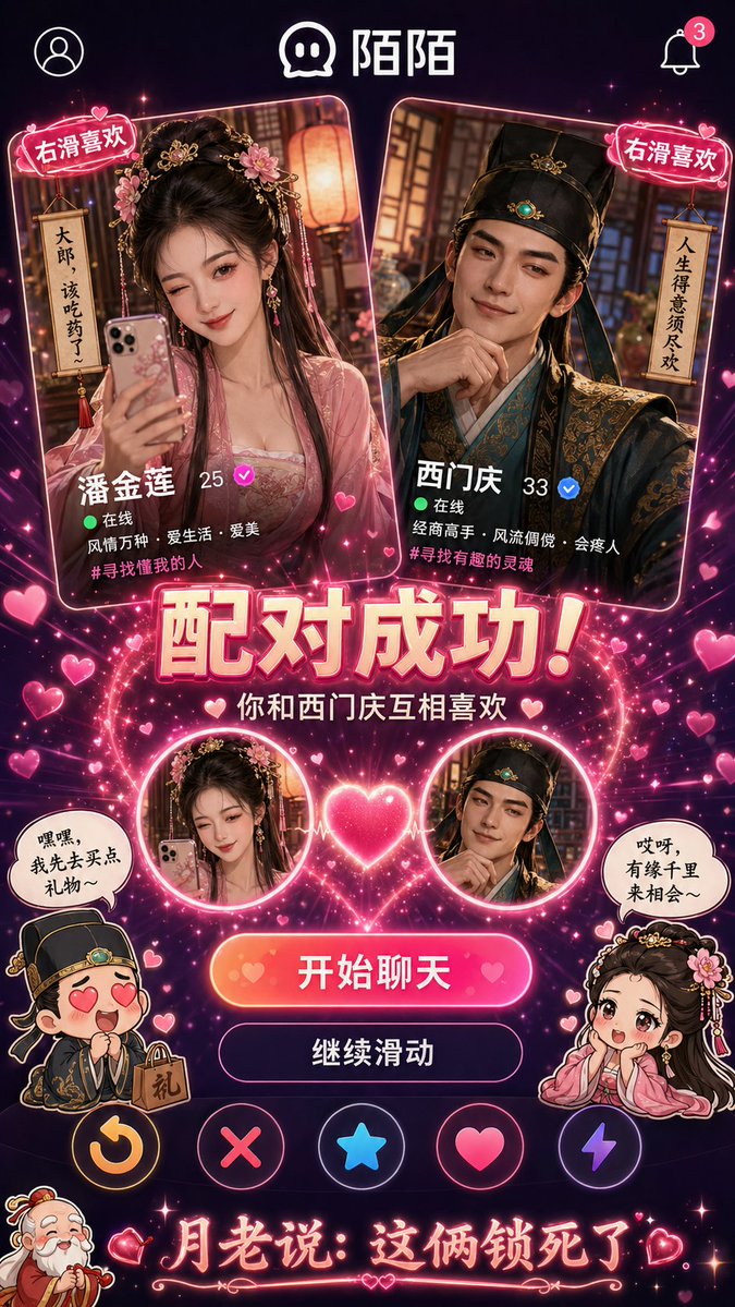Historical Character Modern Match Interaction Qwen Image prompt example: A humorous prompt depicting a match between historical Chinese characters on a modern dating app with UI...
