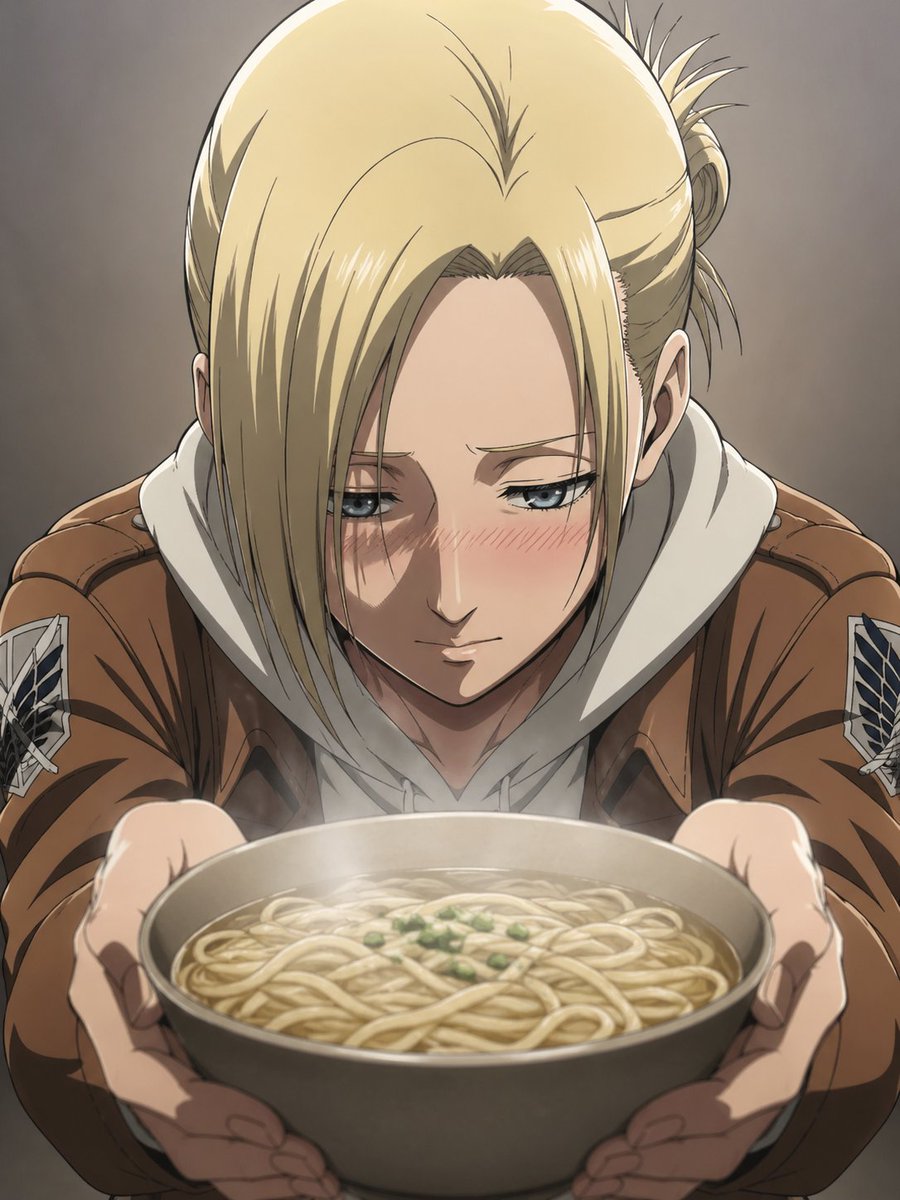 Anime Character Noodle Delivery Qwen Image 프롬프트 예시: A detailed prompt for generating an anime character in the Attack on Titan style handing a bowl of noodles to the viewer.