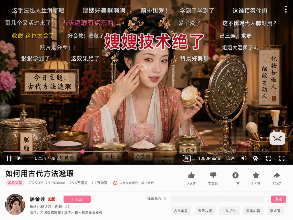 Anachronistic Beauty Tutorial Qwen Image prompt example: A creative prompt imagining a classic literary character as a modern-day beauty blogger on Bilibili.