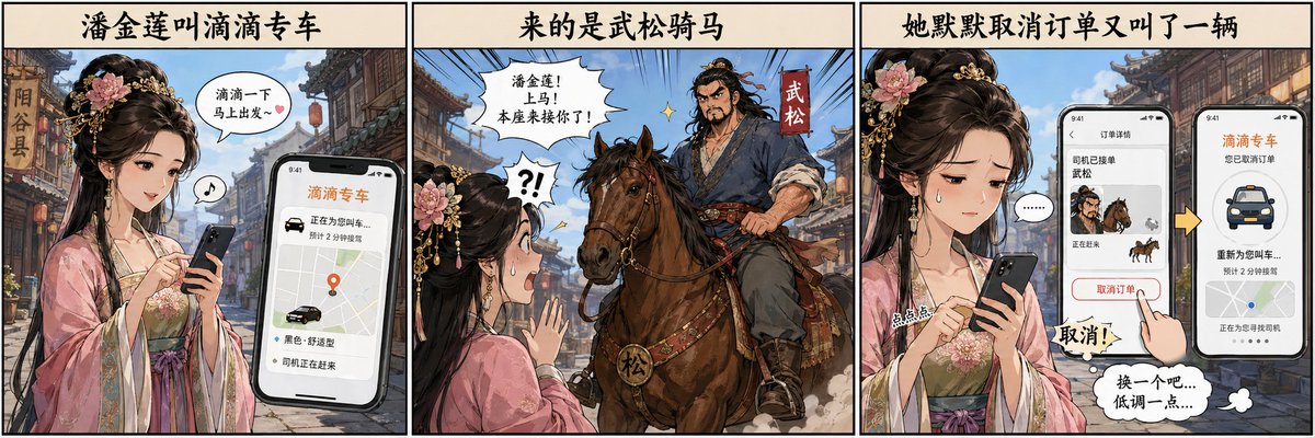 Modern Ride-hail Parody のQwen Imageプロンプト例: A humorous prompt placing ancient Chinese characters into a modern ride-hailing scenario.