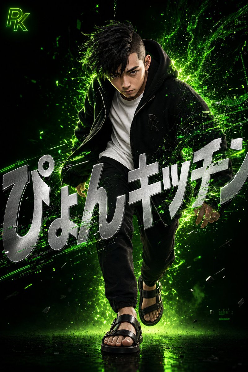 Surreal Japanese Tech Style Poster Qwen Image prompt example: A detailed 3D digital artwork prompt featuring a stylish Japanese man with neon green digital energy effects and...
