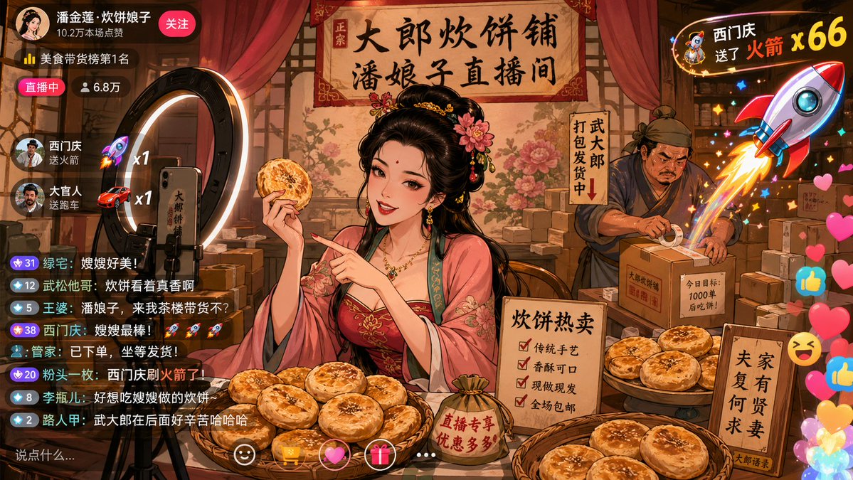 Classical Characters Modern Live-Streaming Prompt Qwen Image prompt example: A prompt imagining historical characters in a modern e-commerce live-streaming setting, featuring...