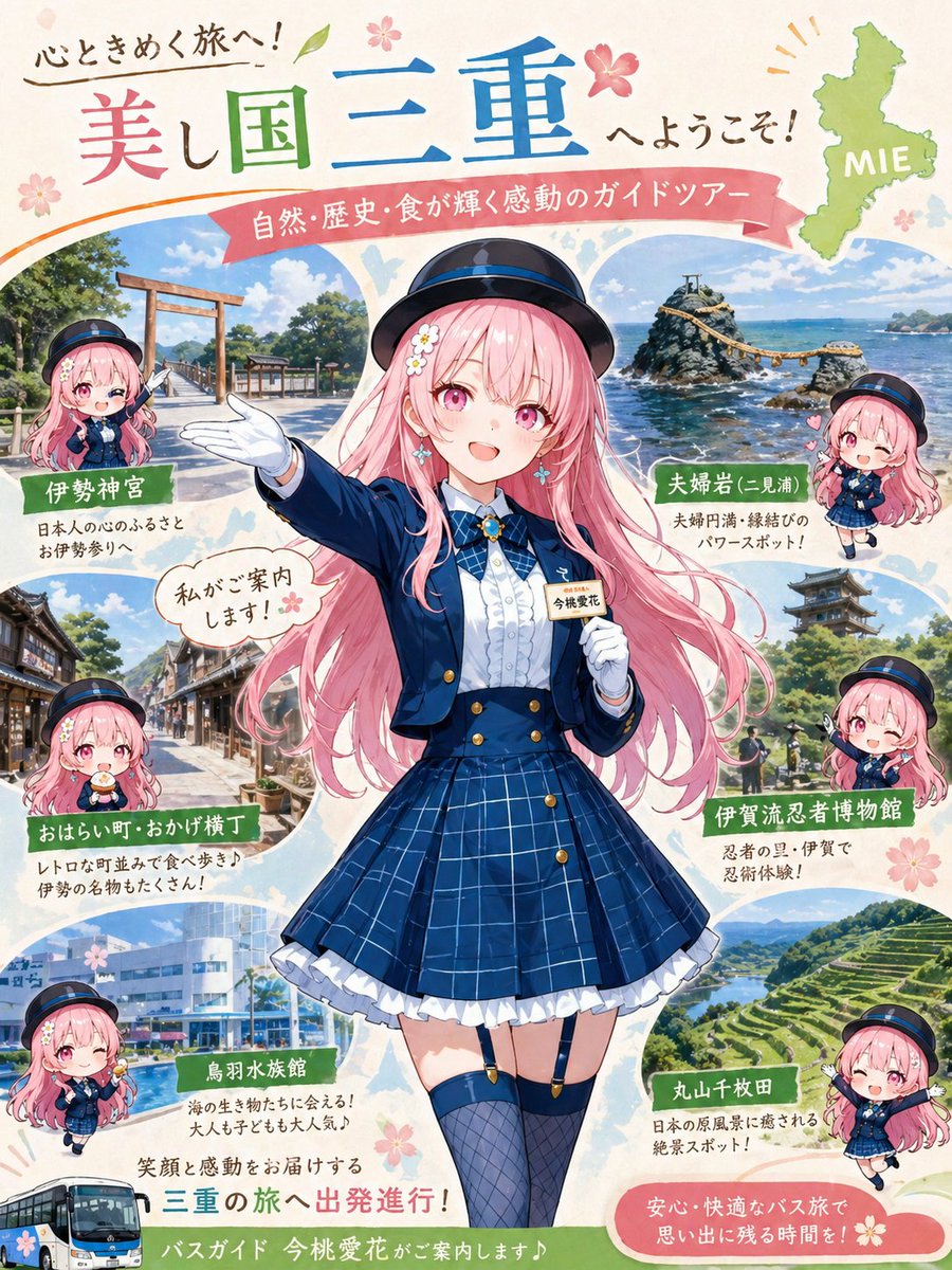 Bus Guide Tourism Poster Prompt のQwen Imageプロンプト例 バリエーション 2: A detailed prompt for creating a tourism promotion poster featuring a bus guide character and local scenery.