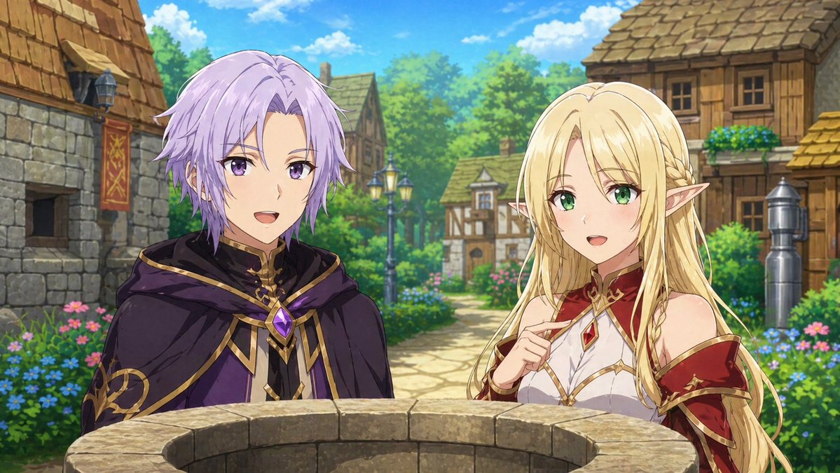Fantasy Anime Scene Still GPT Image 2 prompt example: A prompt for creating an anime-style cinematic still based on a reference image, featuring a purple-haired mage and a blonde...