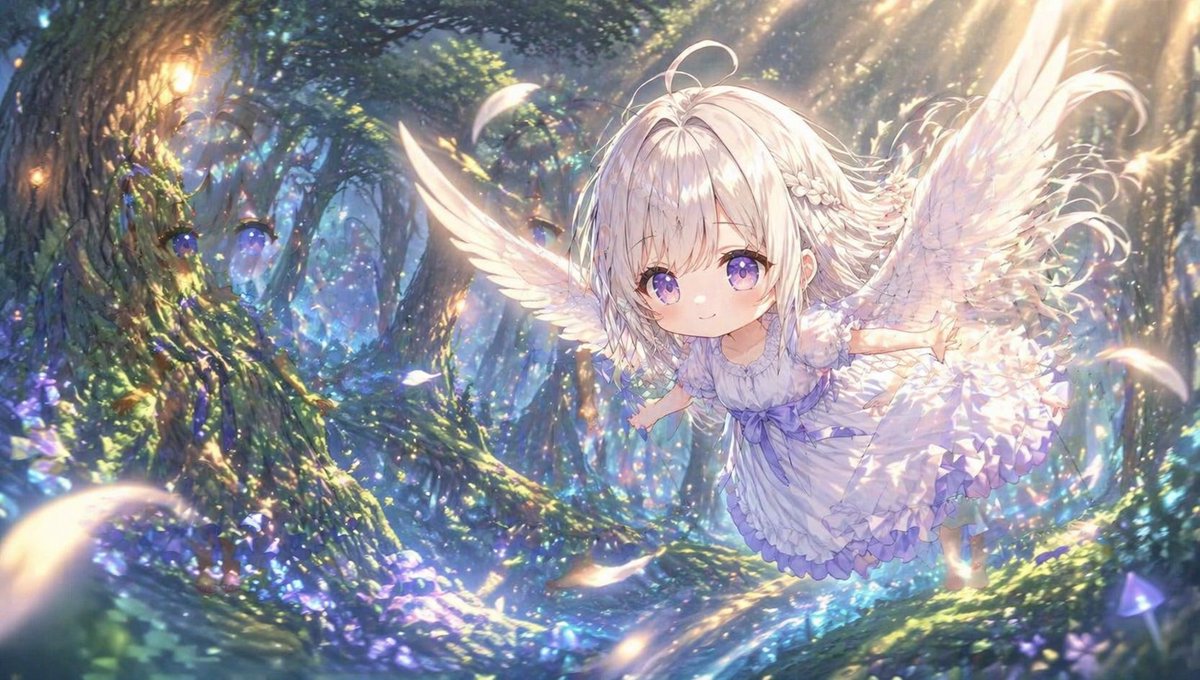 Chibi Angel in Fantasy Forest 的 GPT Image 2 提示词示例图:A detailed anime-style prompt for generating a flying chibi angel character in a mystical, bioluminescent forest setting.