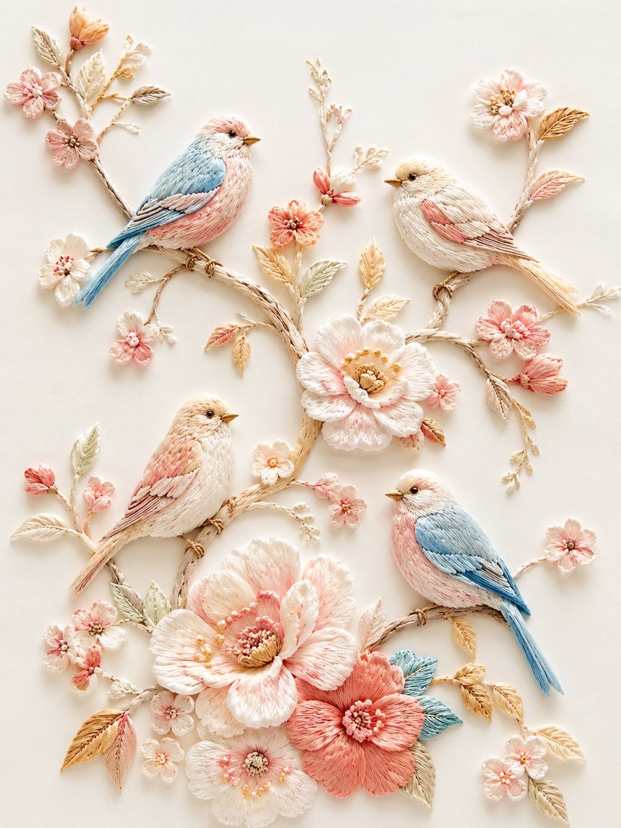 Exquisite Relief Embroidery Illustration Qwen Image prompt example: A detailed prompt for creating bird and floral illustrations with a handcrafted fiber art and 3D embroidery...