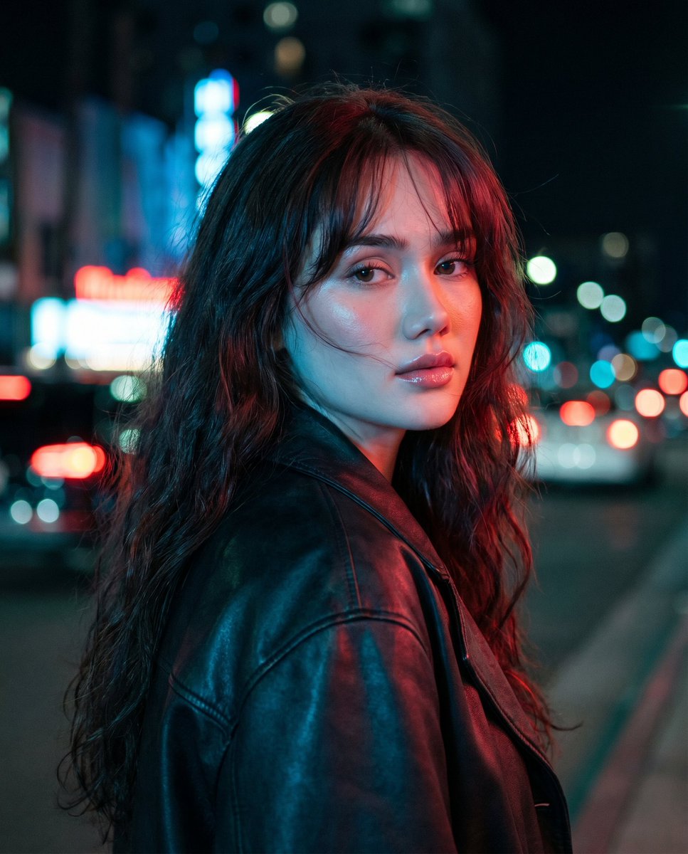 Neon Night Shoulder-Look Portrait 的 GPT Image 2 提示词示例图:A cinematic neon-lit urban portrait prompt for generating a moody night photo of a woman in a leather jacket with dramatic...