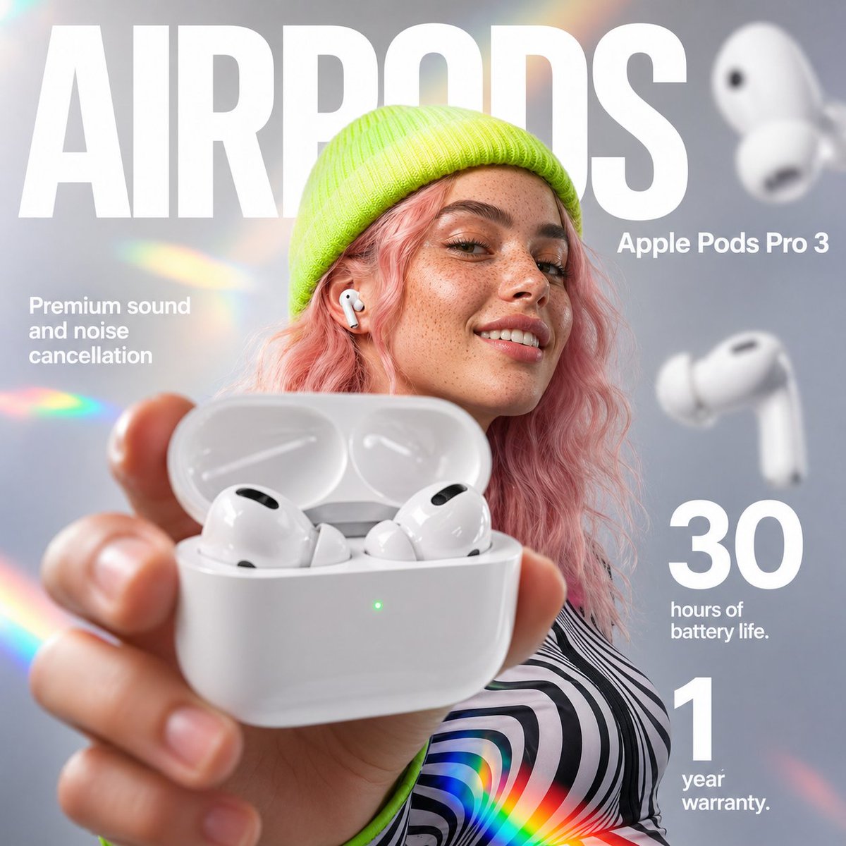 AirPods Style Tech Ad Poster 的 GPT Image 2 提示词示例图：This prompt generates a polished square consumer-tech advertisement featuring a fashion model, oversized product text, and a...