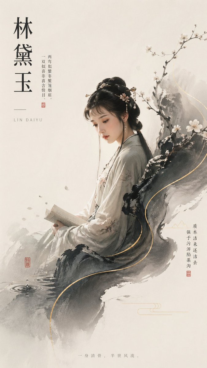 Lin Daiyu Ink-Wash Poster Qwen Image 프롬프트 예시: This prompt generates a refined vertical Chinese-style character poster with an ink-wash heroine, literary typography, and elegant...