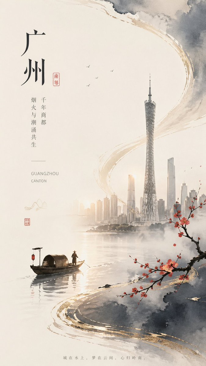 Guangzhou Ink-Wash City Poster Qwen Image prompt example: This prompt generates a vertical New Chinese aesthetic poster that combines Guangzhou's modern skyline with traditional...