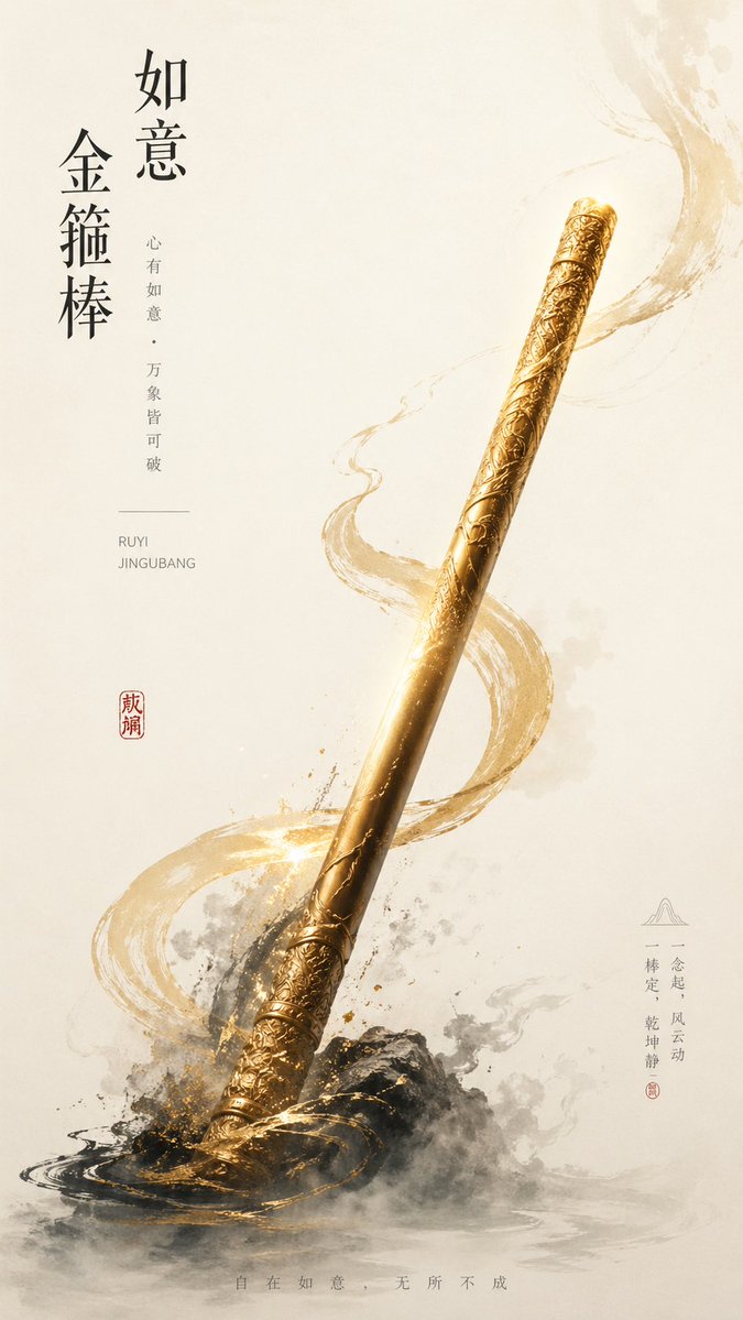 New Chinese Golden Staff Poster Qwen Image prompt example: This prompt generates a premium New Chinese style mythic artifact poster, ideal for cultural branding, title art, and...