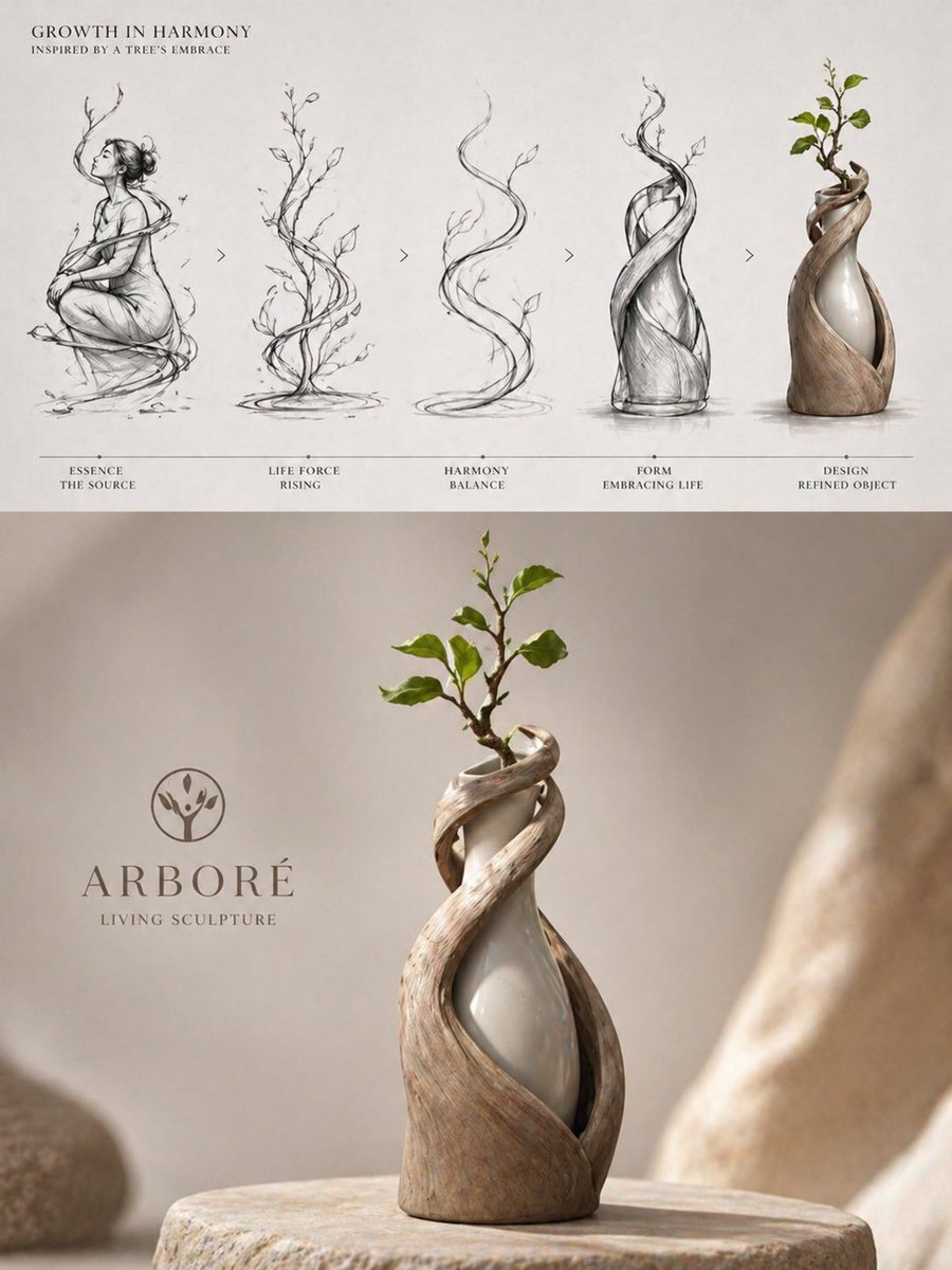 Luxury Biophilic Vase Concept Poster Qwen Image 프롬프트 예시: This prompt generates a refined brand presentation poster showing the design evolution and hero product shot of an...