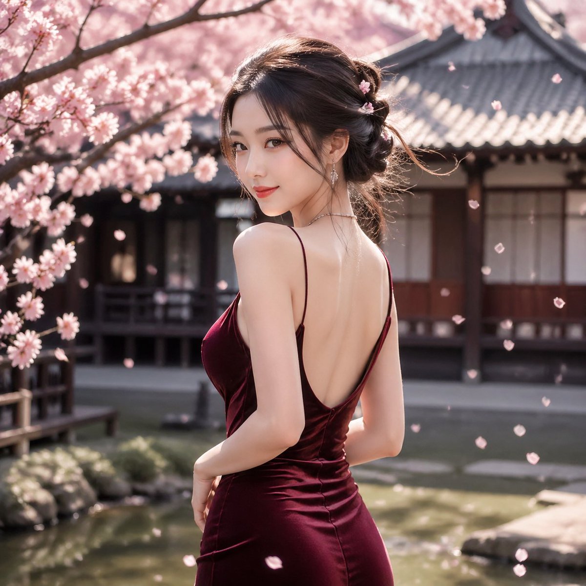 Cherry Blossom Garden Evening Portrait のQwen Imageプロンプト例: This prompt generates a photorealistic fashion portrait of a woman in a backless satin dress standing in a Japanese...