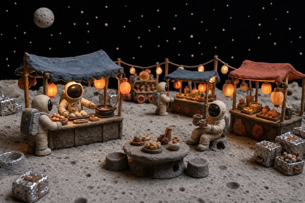 Clay Astronaut Moon Market GPT Image 2 prompt example: A cozy handcrafted miniature scene of astronauts running a lantern-lit food market on the moon, ideal for whimsical...