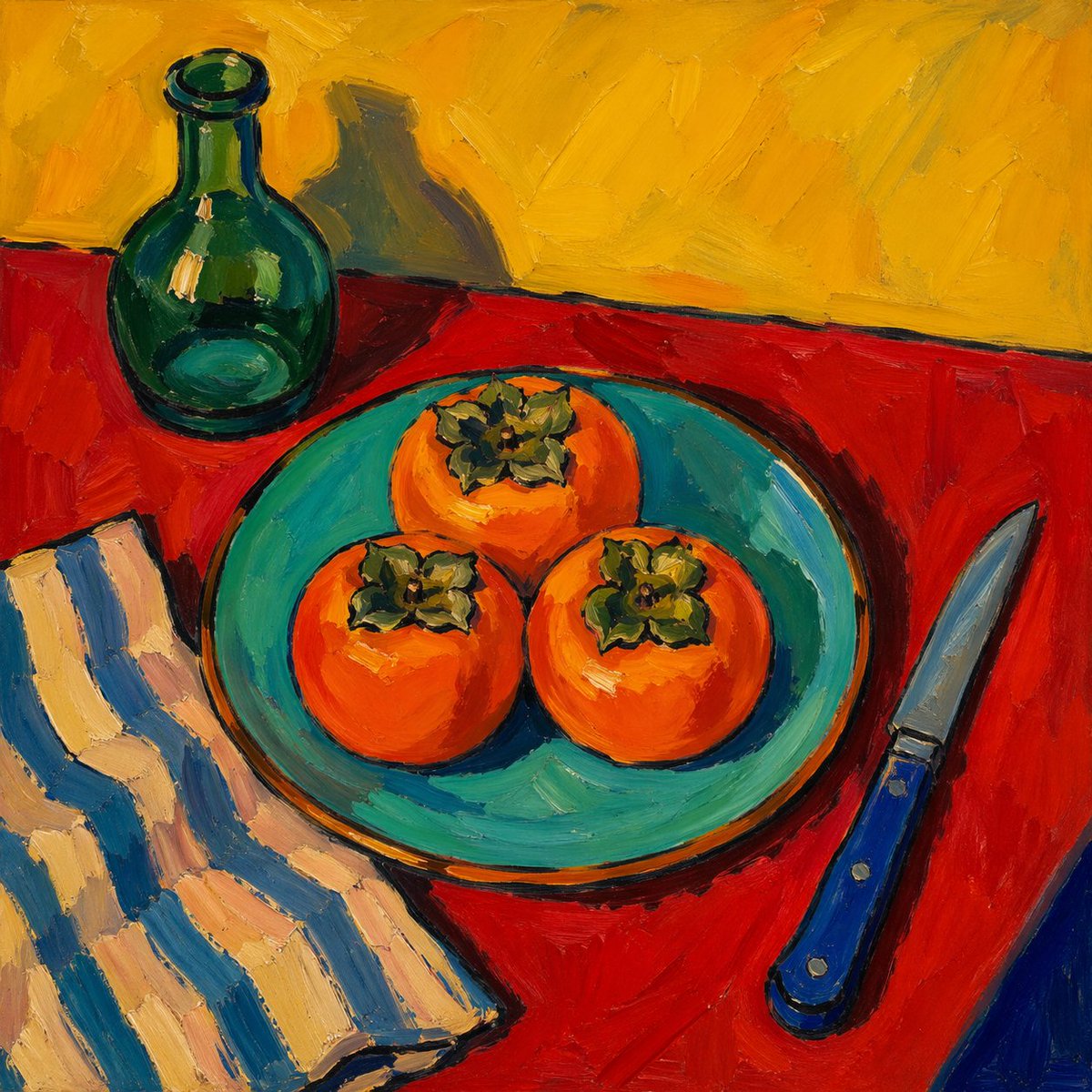 Fauvist Persimmon Still Life Qwen Image prompt example: A vivid painterly still life of 3 persimmons on a turquoise plate with a green bottle, striped cloth, and blue-handled...