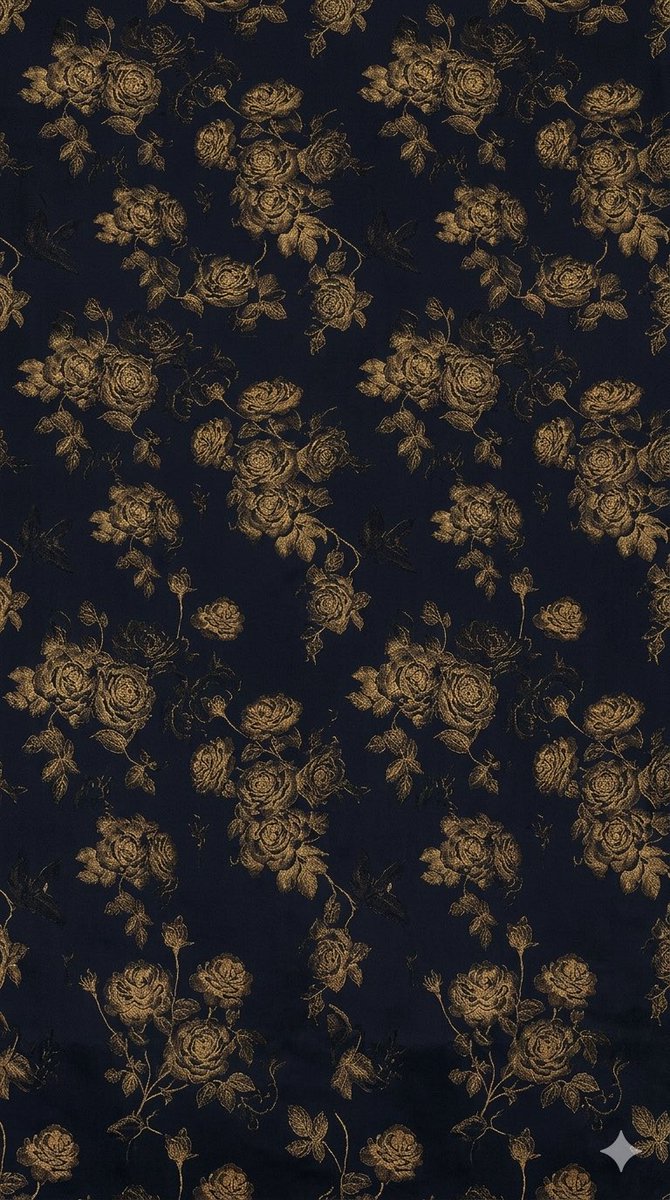 Seamless Gold Roses on Navy Qwen Image prompt example: This prompt generates a luxurious seamless repeating floral textile pattern in antique gold on deep navy, ideal for...