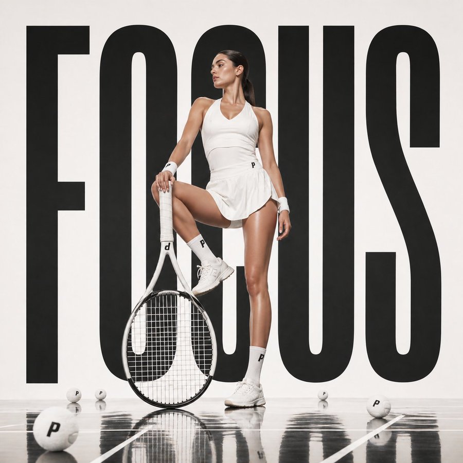 Bold Tennis Fashion Poster Qwen Image prompt example: A luxury sports-fashion studio poster featuring a female tennis player posed against giant typography, ideal for editorial...