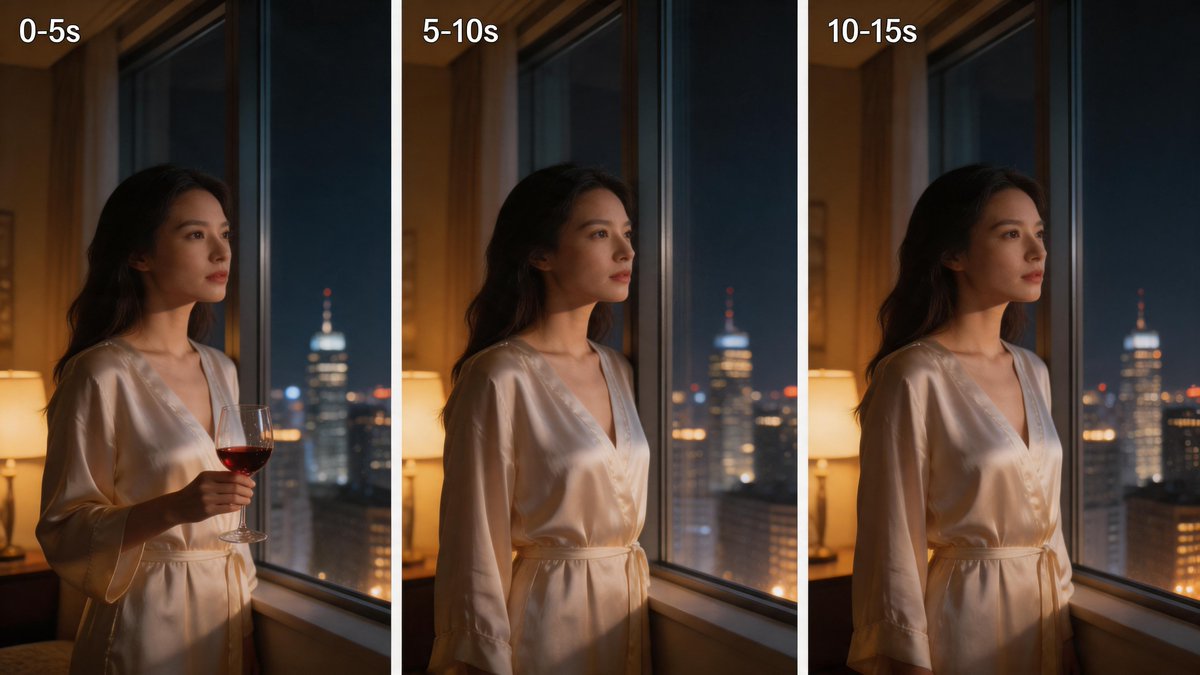 Three-Panel Night Window Comparison Qwen Image prompt example: This prompt generates a cinematic triptych of a woman in a satin robe by a nighttime window, useful for visual...