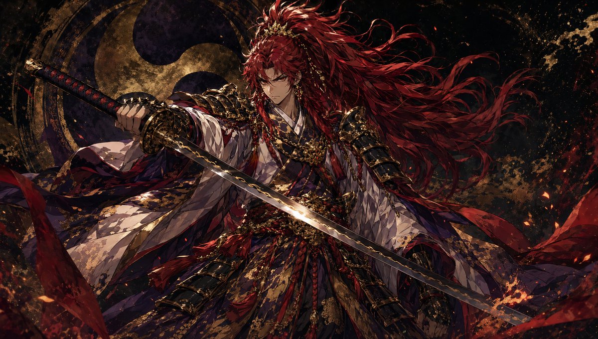 Dark Fantasy Crimson Samurai Warlord 的 Qwen Image 提示词示例图:This prompt generates a single-character dark fantasy samurai illustration with ornate armor, flowing red hair, and a...