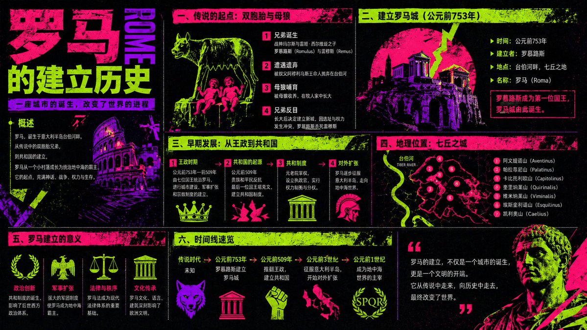 Neon Rome History Infographic 的 Qwen Image 提示词示例图：A bold cyberpunk-style Chinese educational poster explaining the founding and early development of Rome, suitable for history...