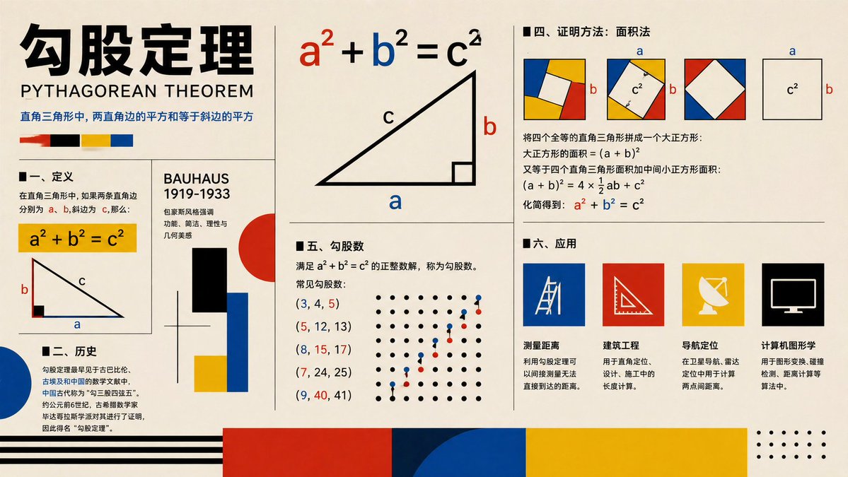 Bauhaus Pythagorean Theorem Poster Qwen Image 프롬프트 예시: A Bauhaus-style educational infographic poster explaining the Pythagorean theorem with diagrams, proof, history, triples,...