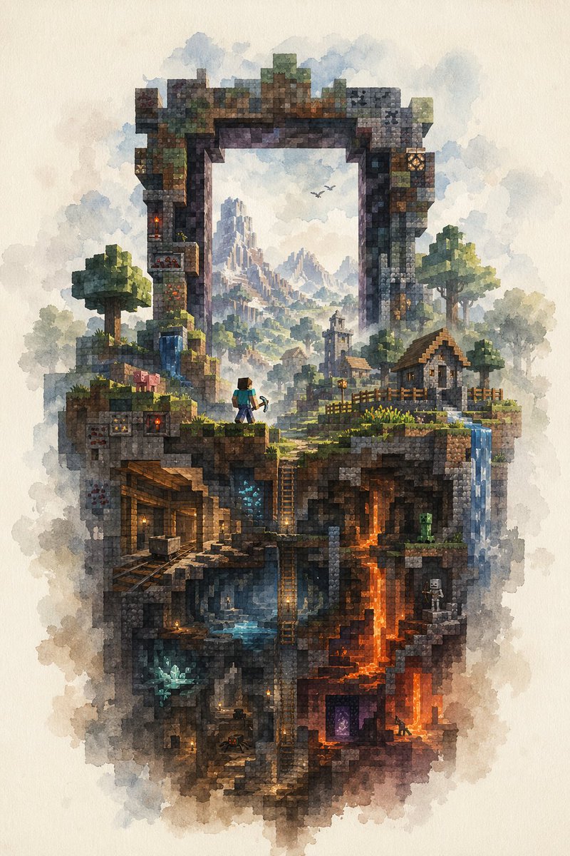 Watercolor Minecraft World Cross-Section 的 Qwen Image 提示词示例图:This prompt generates a painterly Minecraft-inspired fantasy cutaway scene with a giant stone arch, village surface,...