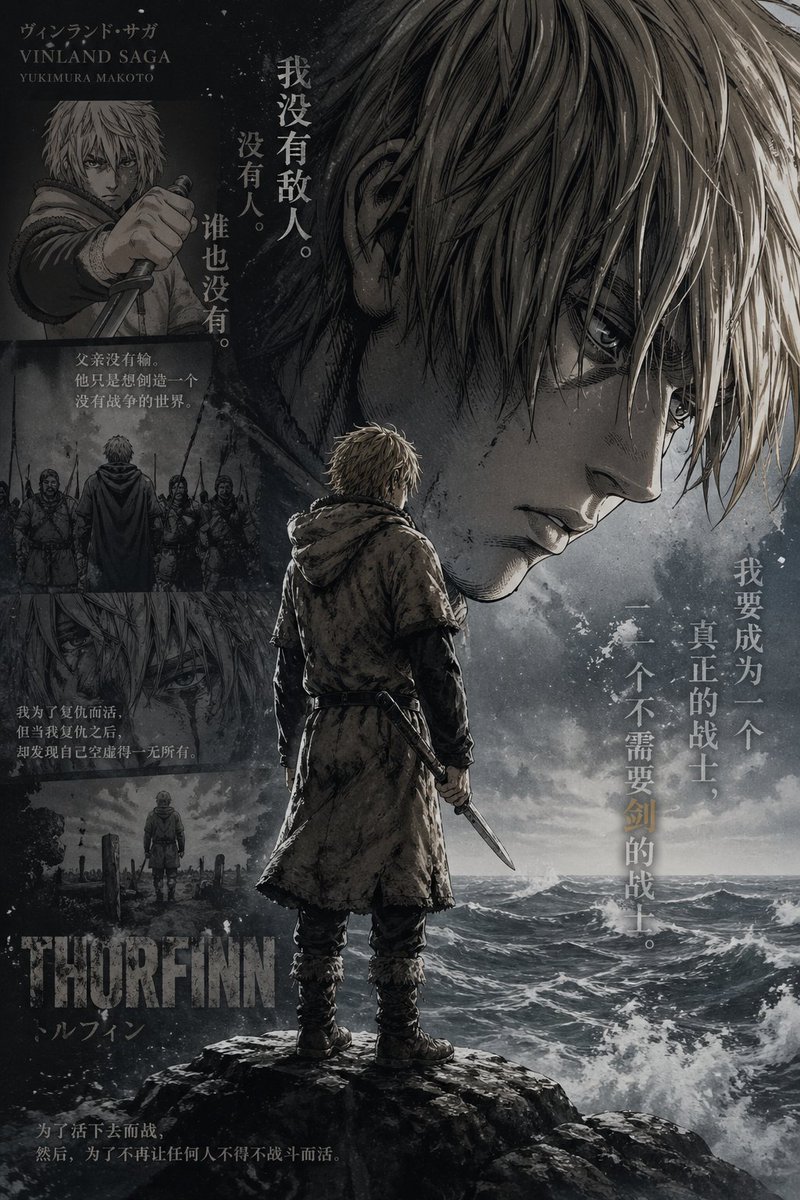 Vinland Saga Thorfinn Storm Poster 的 Qwen Image 提示词示例图:This prompt generates a dramatic anime-style character poster of Thorfinn by a stormy sea with layered portrait imagery,...