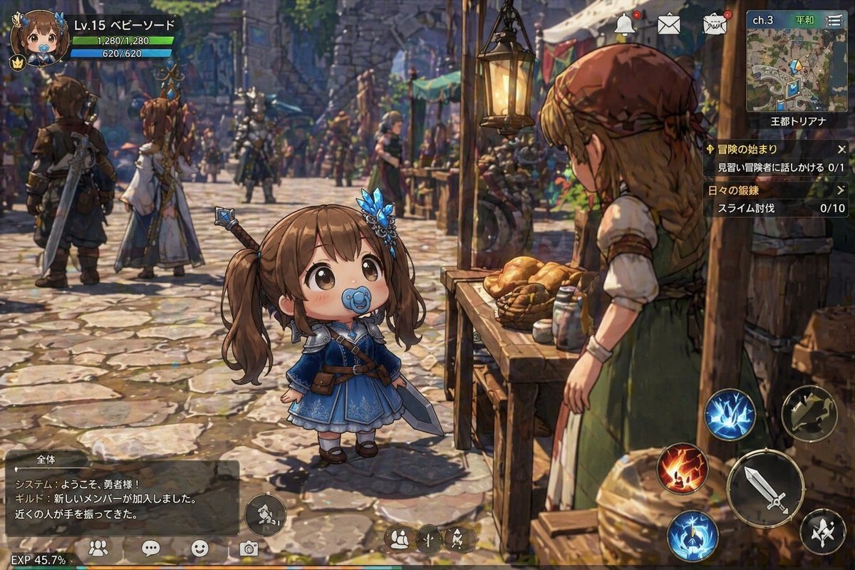 Isometric Fantasy RPG Market Bug Scene Qwen Image prompt example variation 3: This prompt generates a detailed JRPG-style market gameplay screenshot with a chibi heroine, full...
