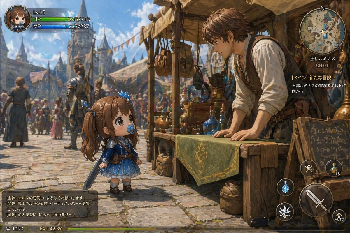 Isometric Fantasy RPG Market Bug Scene Qwen Image prompt example variation 2: This prompt generates a detailed JRPG-style market gameplay screenshot with a chibi heroine, full...