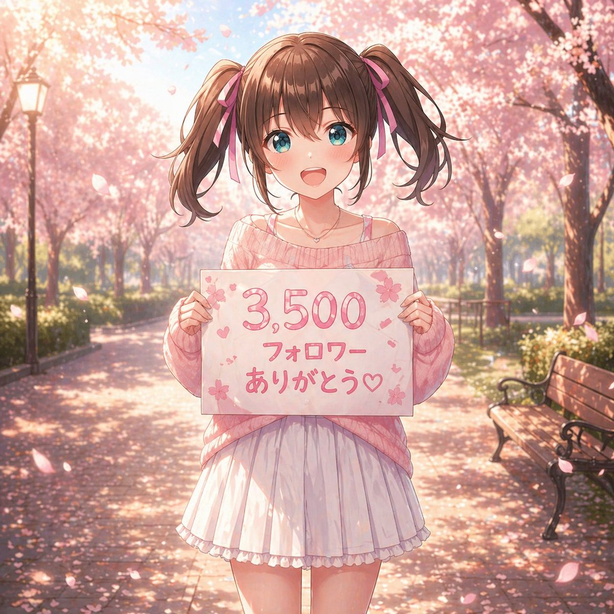 Anime Sakura Thank-You Portrait 的 GPT Image 2 提示词示例图：This generates a pastel anime-style spring portrait of a twin-tailed girl holding a celebratory follower-thank-you sign,...