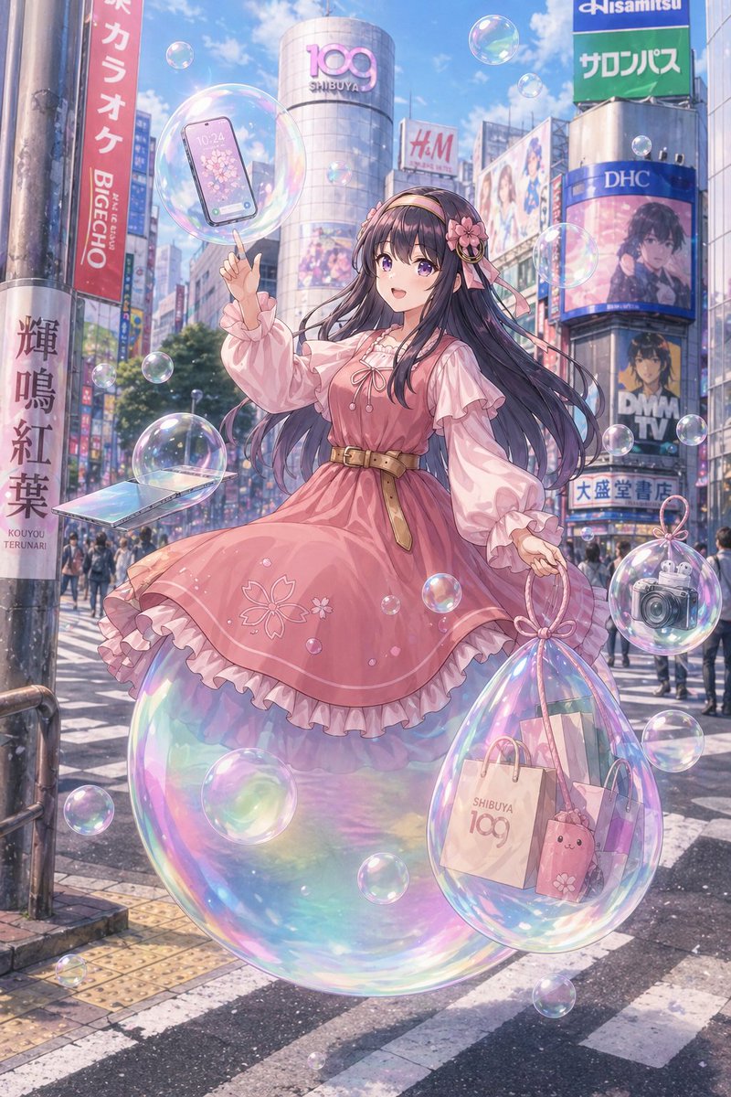 Pastel Anime Girl at Shibuya Crossing Qwen Image prompt example: This prompt generates a polished anime-style fantasy city portrait of a stylish girl floating through Shibuya...