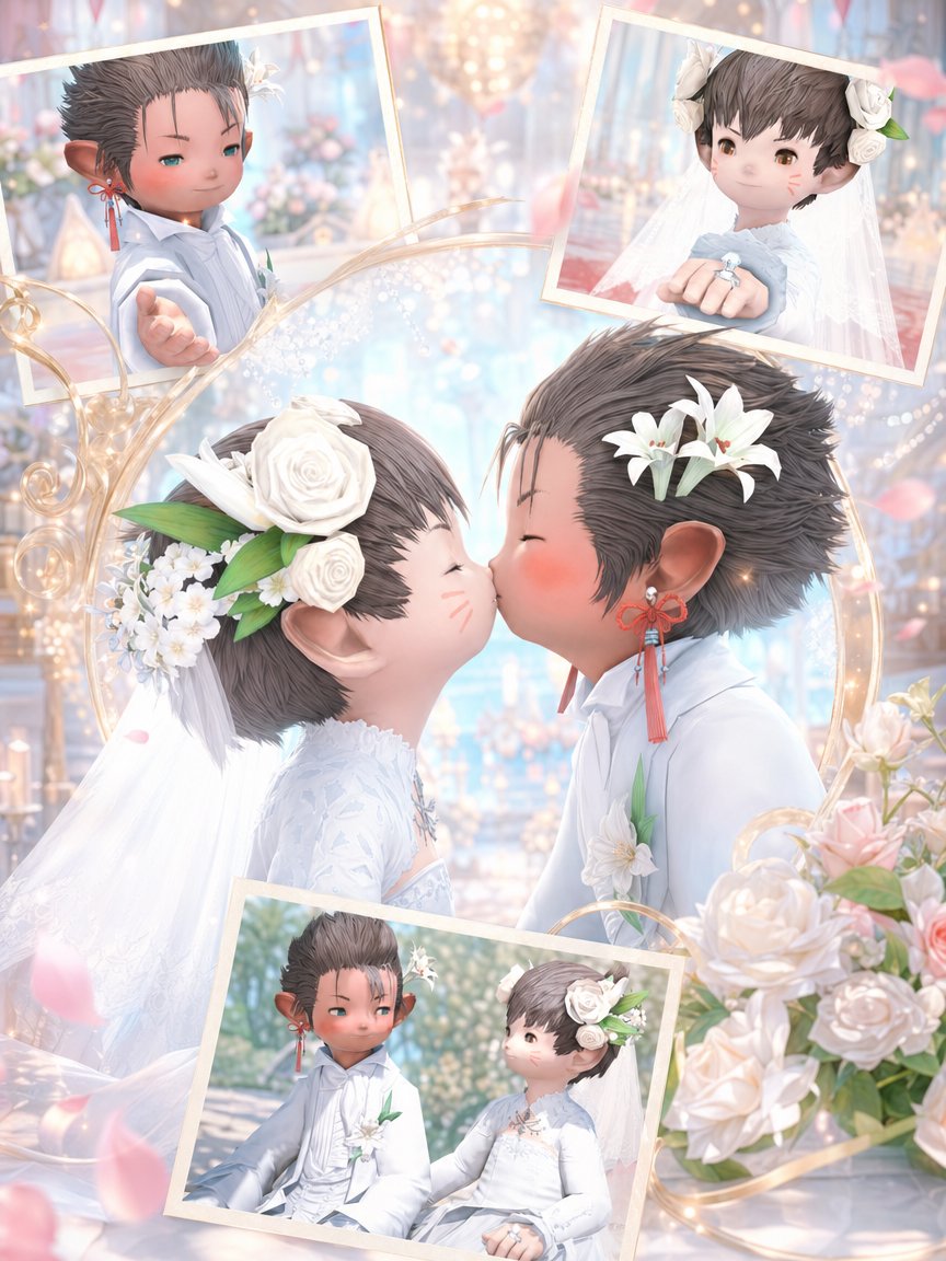 Fantasy Chibi Wedding Collage 的 Qwen Image 提示词示例图:This prompt generates a soft, ornate vertical wedding collage of two chibi fantasy newlyweds, ideal for romantic game-inspired...