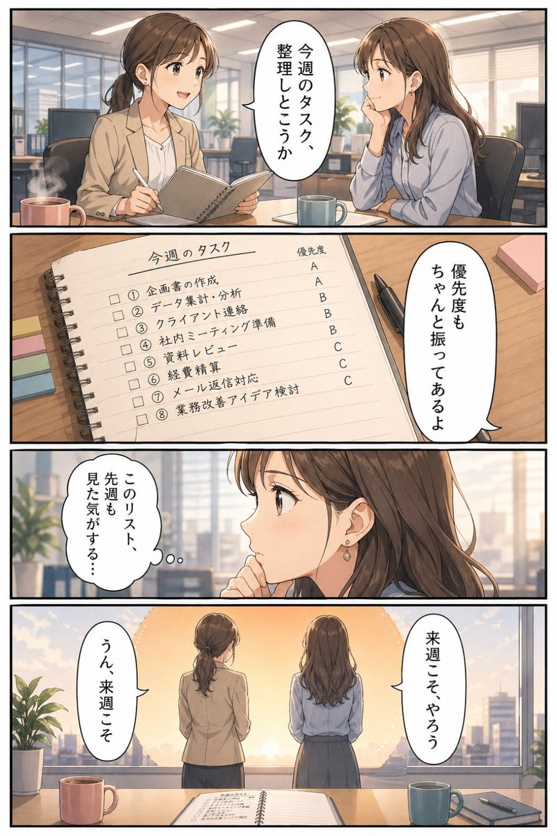 Business Office Manga Task Comic Qwen Image 프롬프트 예시: A four-panel Japanese business manga page showing two office women discussing a weekly task list, often used as a humorous...