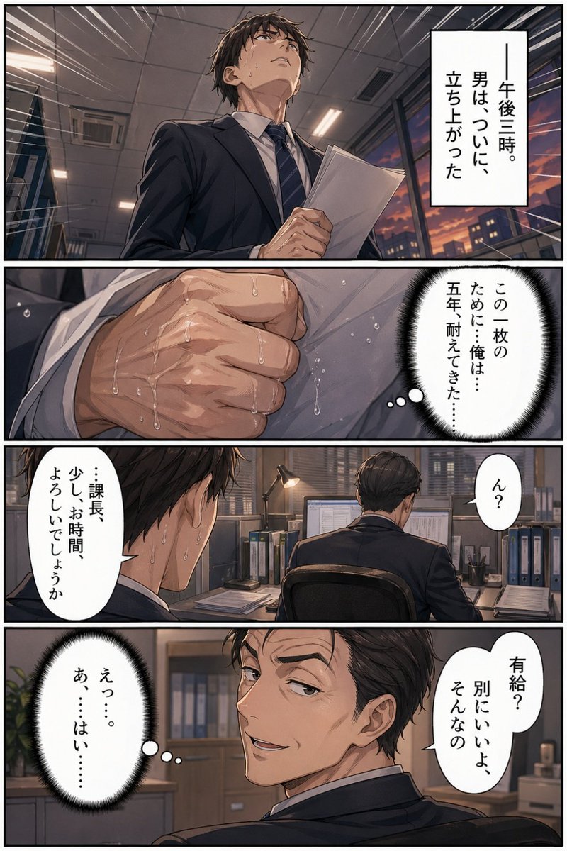 Business Office Manga Page Qwen Image prompt example: A polished five-panel Japanese business manga page showing a tense office worker asking his boss for paid leave, useful for...