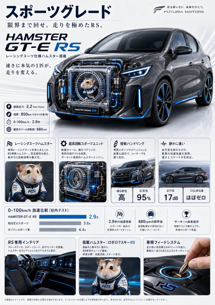 Japanese Hamster Engine Car Catalog Qwen Image prompt example: A polished fictional Japanese auto brochure for a high-performance concept car powered by a visible hamster engine,...