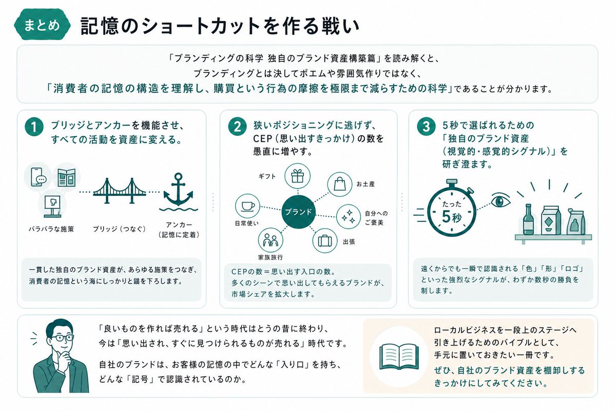 Japanese Branding Strategy Infographic Qwen Image 프롬프트 예시: A clean Japanese corporate infographic explaining three branding principles with icons and card-based sections,...