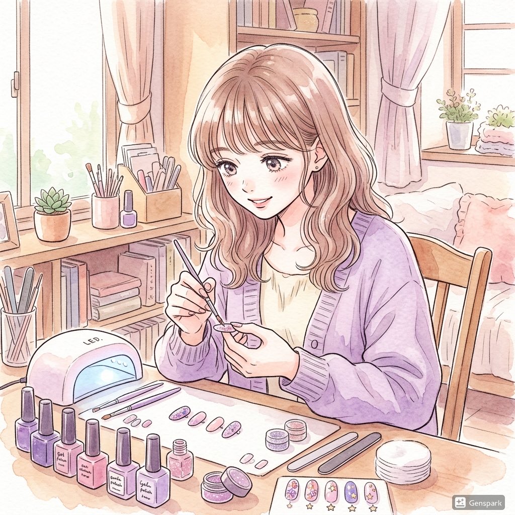 Pastel Anime Nail Artist at Desk Qwen Image 프롬프트 예시: This prompt generates a soft anime-style indoor illustration of a young woman painting nail art at a cozy pastel workspace,...
