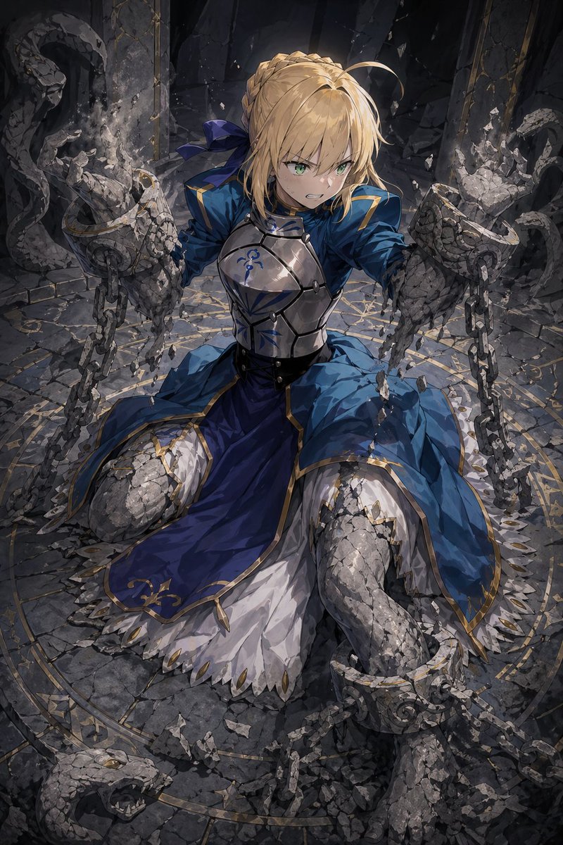 Partial Petrification Knight Card Art Qwen Image prompt example: A high-detail anime fantasy illustration of a royal armored heroine being partially turned to stone, ideal for a...