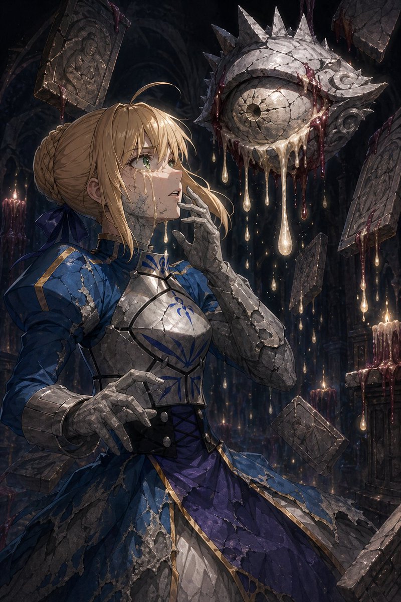 Partial Petrification Dark Fantasy Card Art Qwen Image prompt example: This prompt generates a dramatic dark fantasy game-card style illustration of a partially petrified armored...